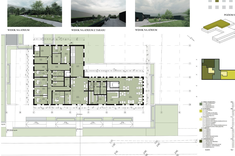 Praca dyplomowa mgr inż. arch. Pauliny Więcek przedstawiająca rzut i wizualizacje budynku.