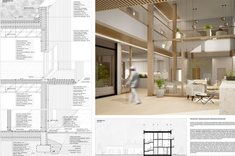 Praca dyplomowa mgr. inż. arch. Przemysława Dybasia przedstawiająca detal, przekrój i wizualizację wnętrza budynku.