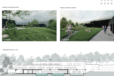 Praca dyplomowa mgr inż. arch. Pauliny Więcek przedstawiająca przekrój i wizualizacje budynku.