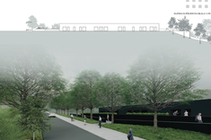 Praca dyplomowa mgr inż. arch. Pauliny Więcek przedstawiająca elewację i wizualizacje budynku.